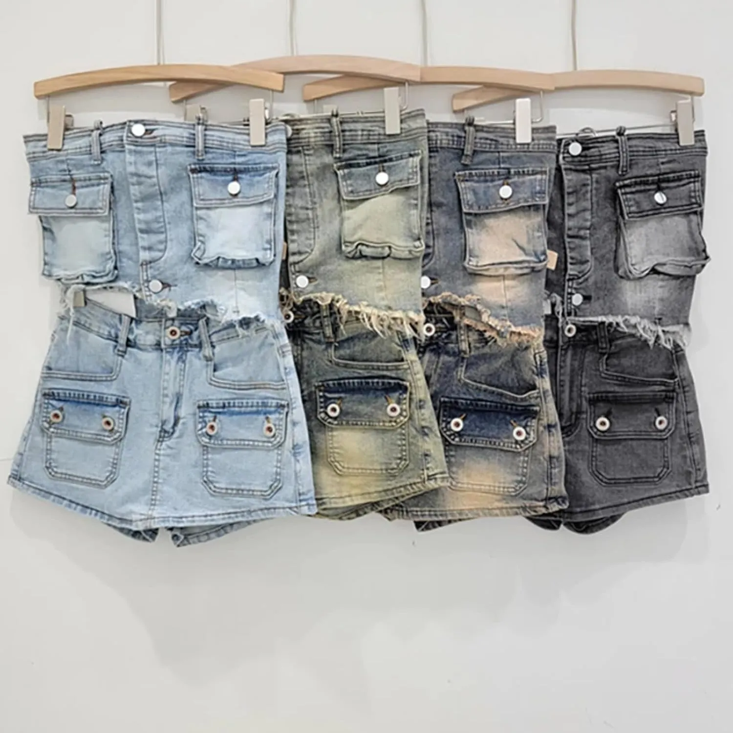 Women Denim Irregular Short Strapless Camisole High Waist Vintage Pockets Slim Mini Skirts Summer