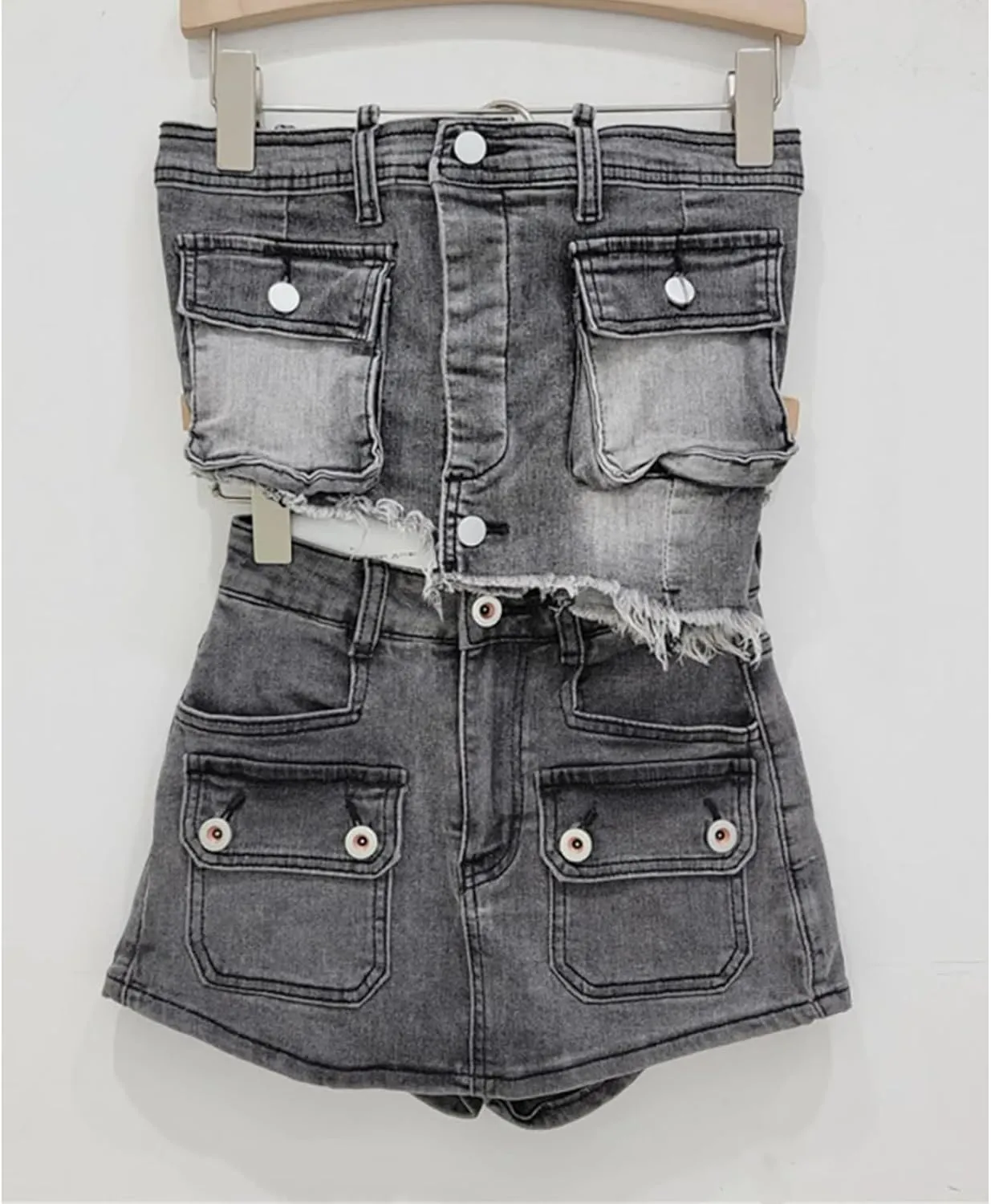 Women Denim Irregular Short Strapless Camisole High Waist Vintage Pockets Slim Mini Skirts Summer