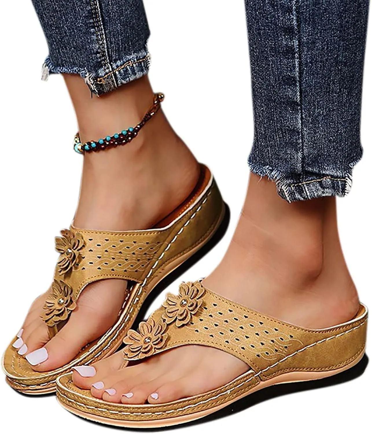 Women Low Wedge Heel Sandals Open Toe Lady Work Summer Shoes Orthopedic Comfortable Arch Support Platform Sandals Walking Anti-Slip Breathable Sandal Slip On Flip Flops Dressy Beach Comfy Slippers