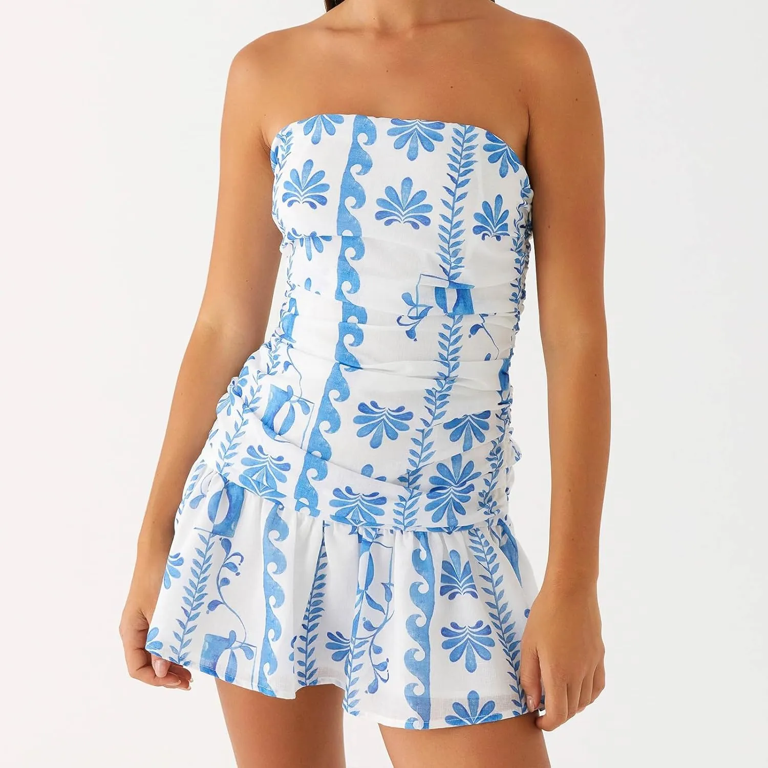 Women s Lace Patchwork Dress Sleeveless Floral Ruffle Hem Cute Tube Mini Sundress Casual Beach Bandeau Dress