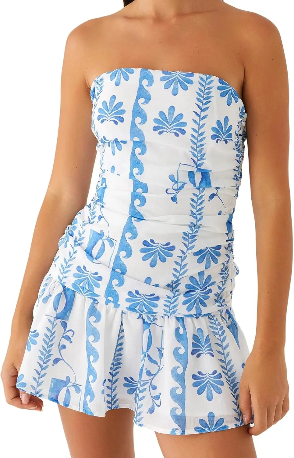 Women s Lace Patchwork Dress Sleeveless Floral Ruffle Hem Cute Tube Mini Sundress Casual Beach Bandeau Dress