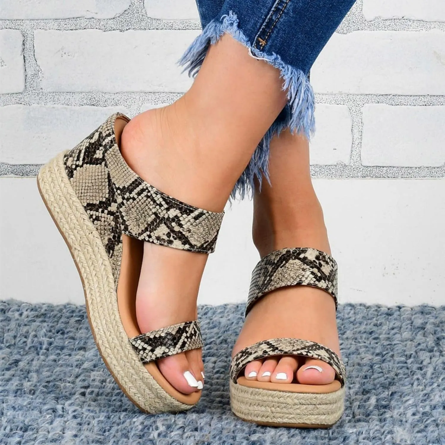 Women Slip On Espadrilles Platform Wedge Sandals Slide Open Toe Espadrille Flatform Wedges Casual Sandal Dressy Summer Comfort Breathable Outdoor Walking Shoes Beach Wedding Slippers