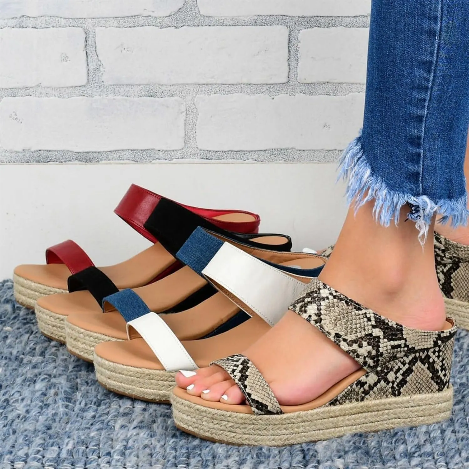 Women Slip On Espadrilles Platform Wedge Sandals Slide Open Toe Espadrille Flatform Wedges Casual Sandal Dressy Summer Comfort Breathable Outdoor Walking Shoes Beach Wedding Slippers