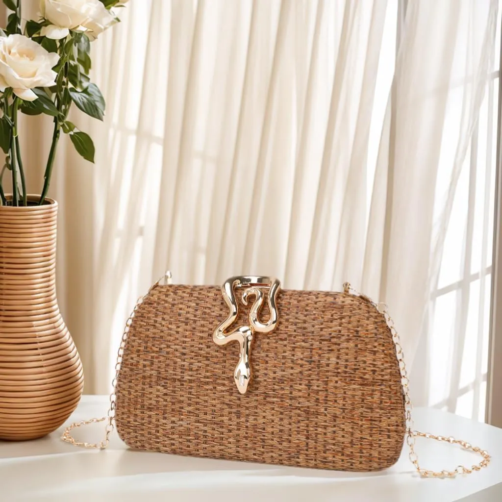 Women Snake Closure Straw Woven Evening Bag Elegant Removable Metal Chain Clutch Purse for Formal Events Casual Life