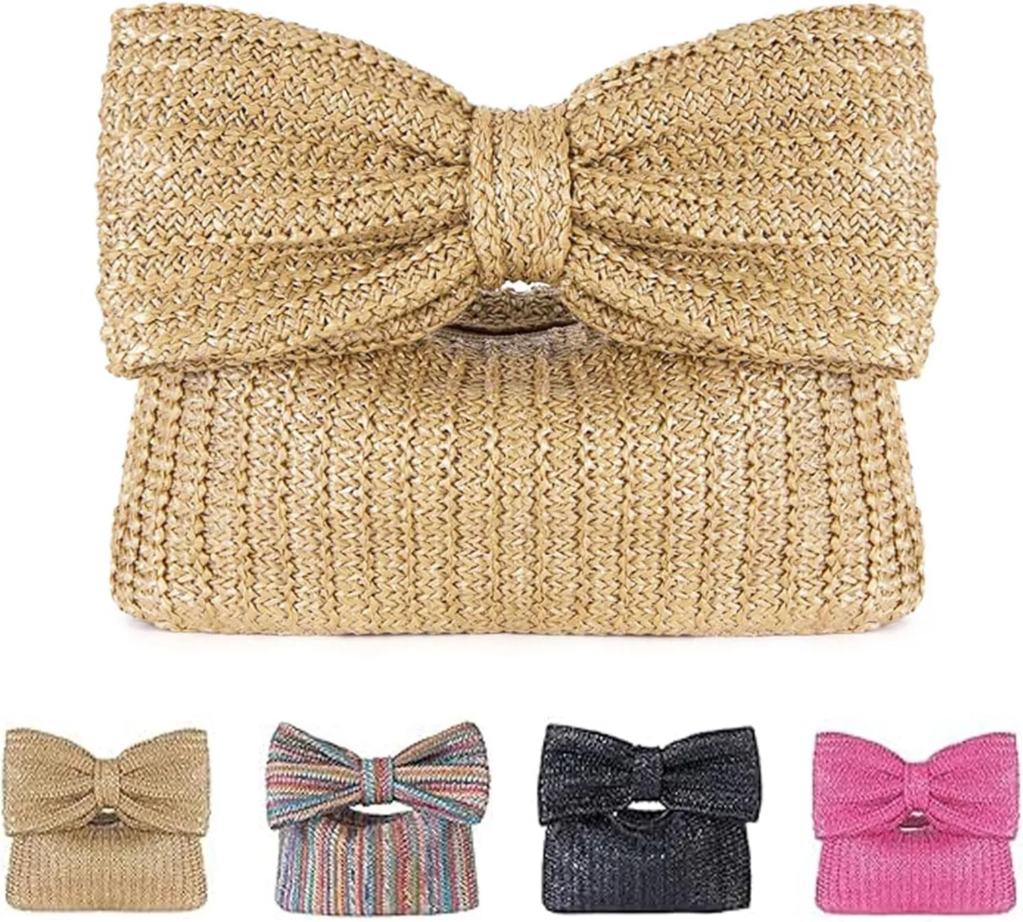 Women Straw Clutch Purse with Bow, Woven Beach Tote Bag for Summer Wedding Party Vacation, Stylish Handmade Envelope Handbag