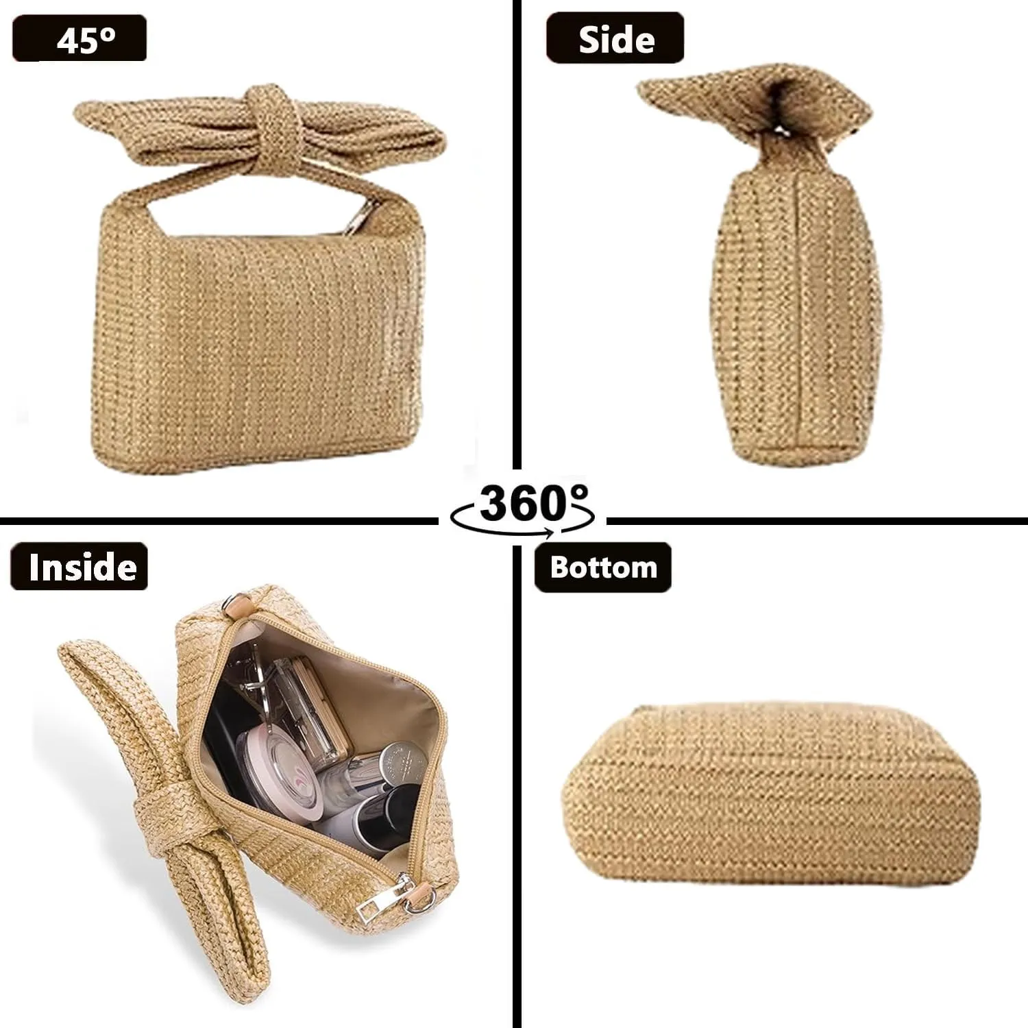 Women Straw Clutch Purse with Bow, Woven Beach Tote Bag for Summer Wedding Party Vacation, Stylish Handmade Envelope Handbag
