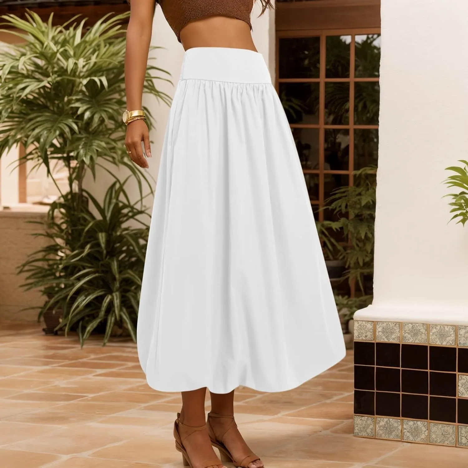 Women Y2K Bubble Maxi Skirts A Line Long Pleated Casual Summer Skirts 2024 Elastic Waist Balloon Midi Skirt
