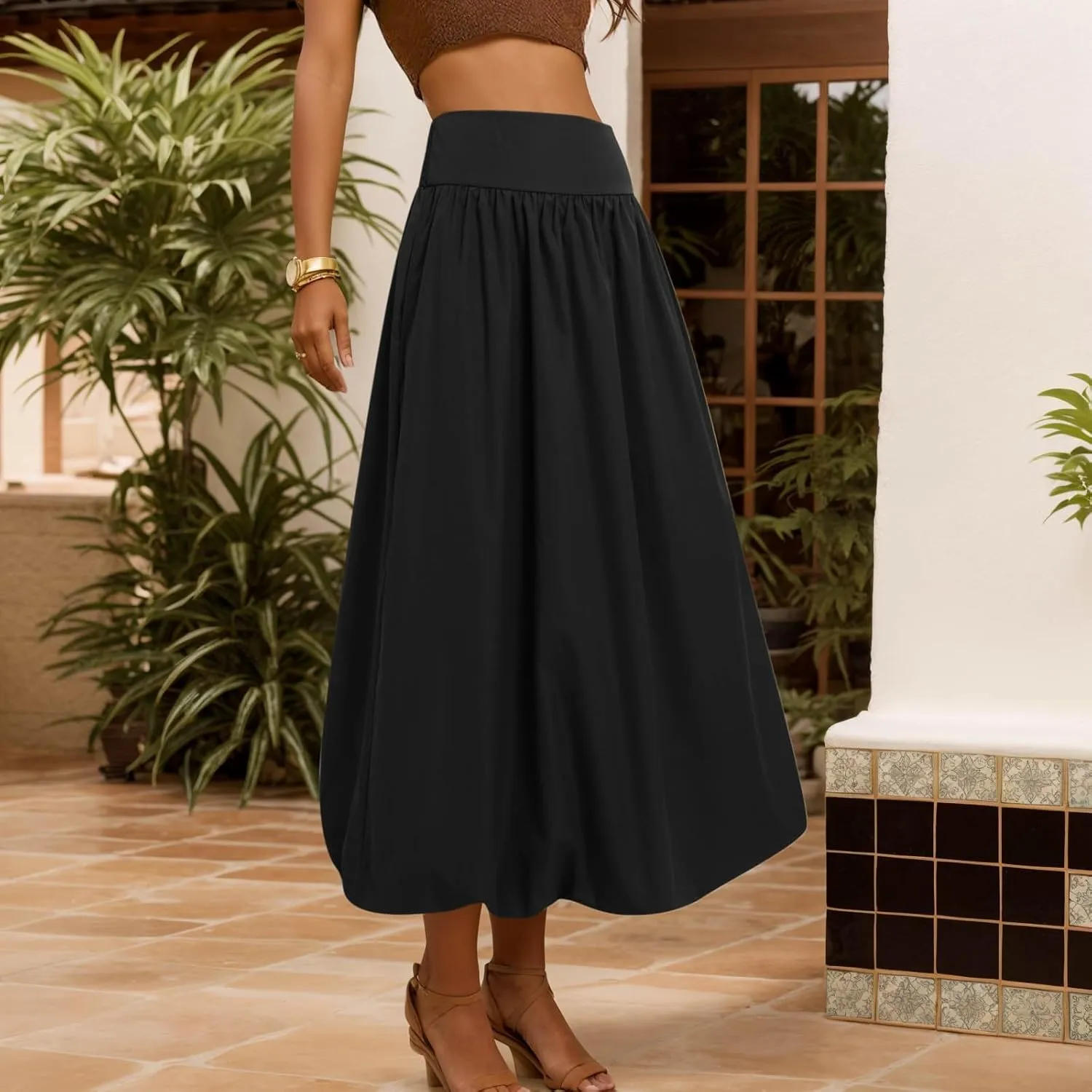 Women Y2K Bubble Maxi Skirts A Line Long Pleated Casual Summer Skirts 2024 Elastic Waist Balloon Midi Skirt