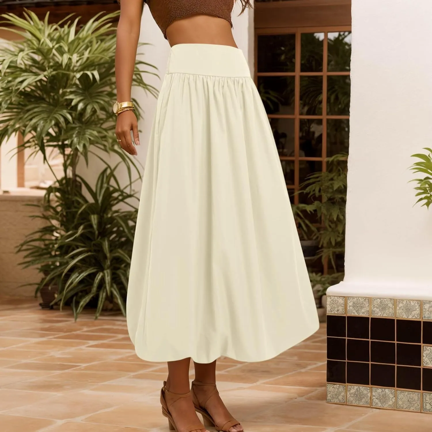 Women Y2K Bubble Maxi Skirts A Line Long Pleated Casual Summer Skirts 2024 Elastic Waist Balloon Midi Skirt