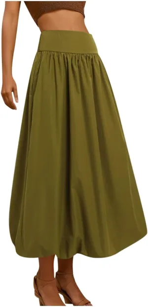 Women Y2K Bubble Maxi Skirts A Line Long Pleated Casual Summer Skirts 2024 Elastic Waist Balloon Midi Skirt