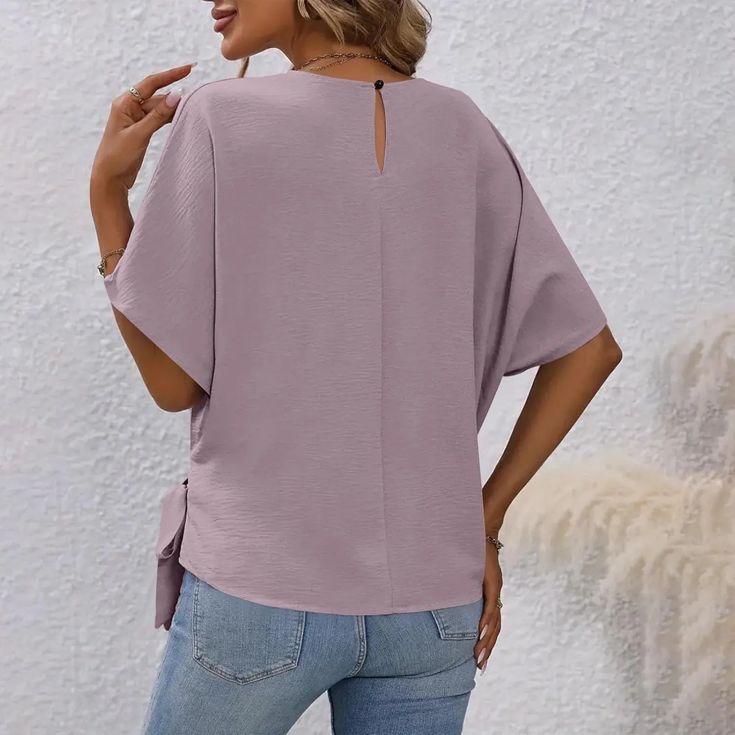 Womens Batwing Sleeve Knot Side Tie Round Neck Blouse Dressy Casual Summer Loose Keyhole Back Shirts Beach Vacation Top