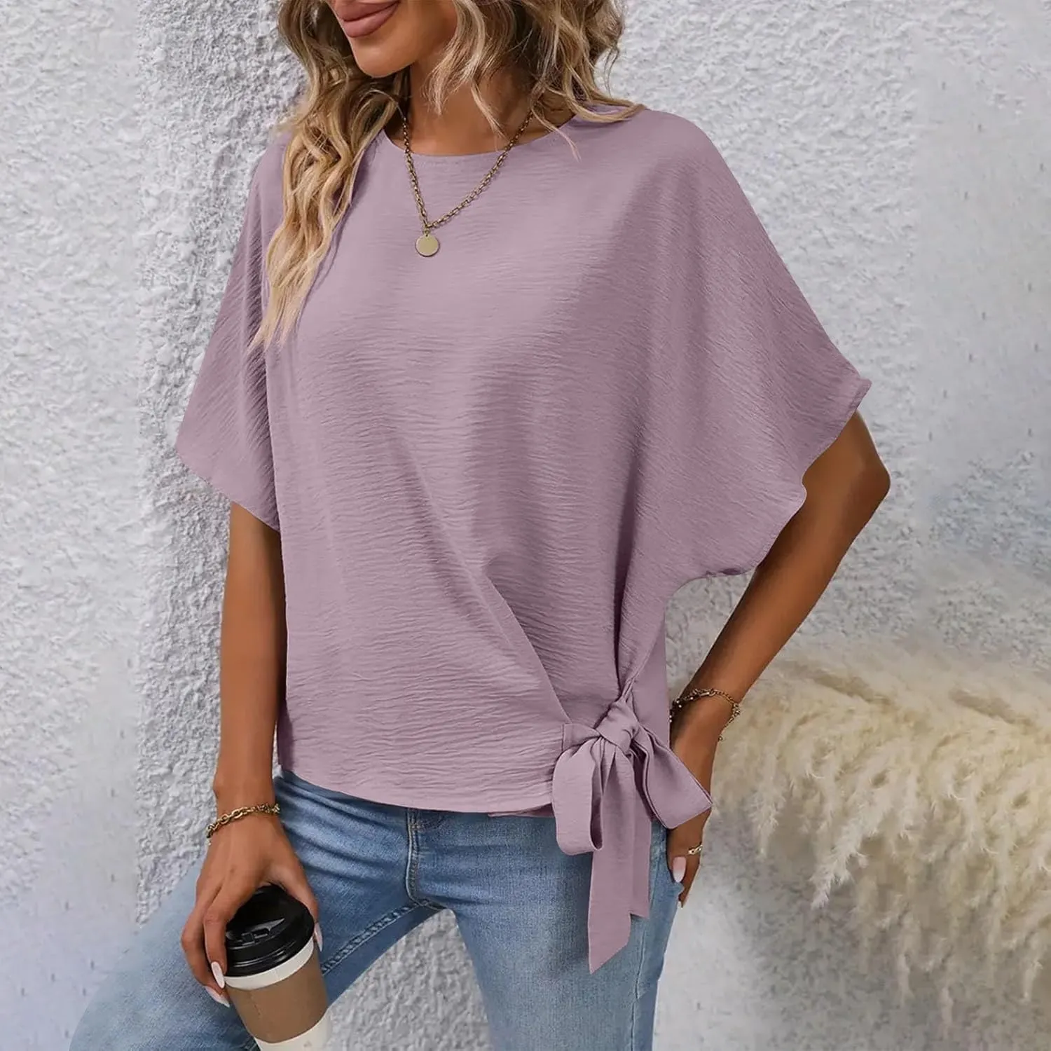 Womens Batwing Sleeve Knot Side Tie Round Neck Blouse Dressy Casual Summer Loose Keyhole Back Shirts Beach Vacation Top
