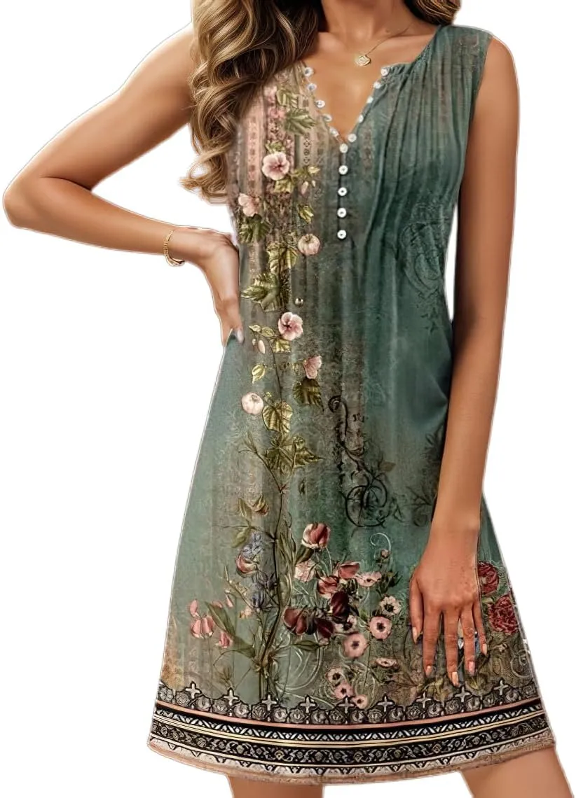 Women's Boho Floral Button Up Sleeveless Sundresses Ethnic Summer Beach Vacation Tunic Dress Knee Length