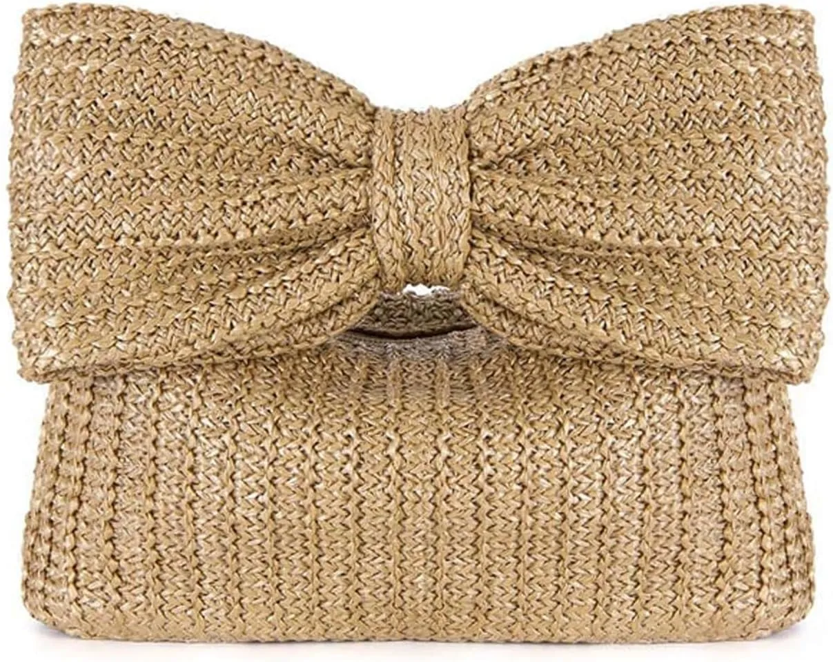 Women's Bow Straw Clutch Bag, Summer Straw Woven Bag, Beach Bag, Wedding Clutch Bag