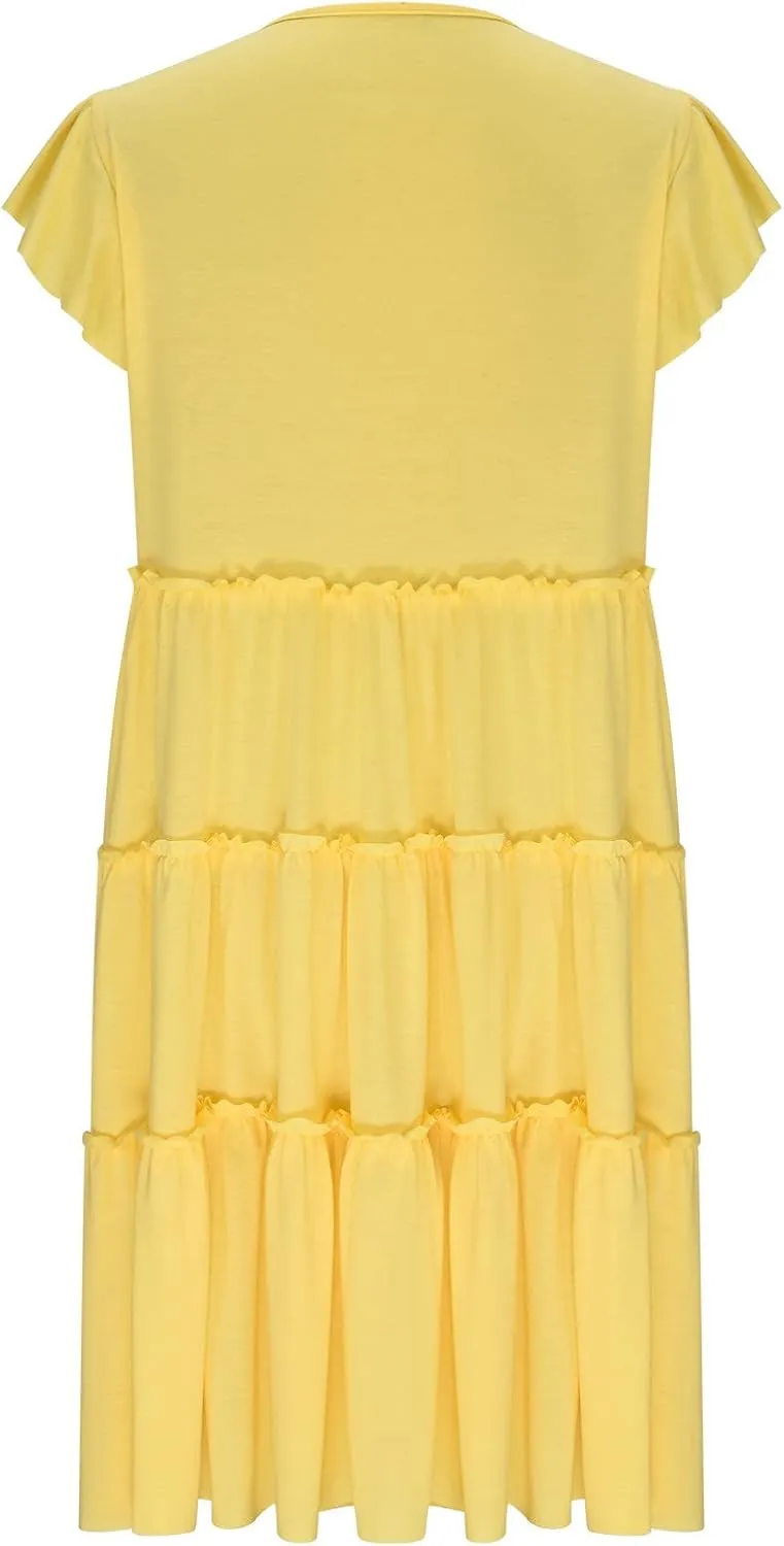 Women's Casual Dress Short Sleeve Crewneck Loose Flowy Tiered Beach Dress Summer Ruffle Sleeve Swing Mini Dresses