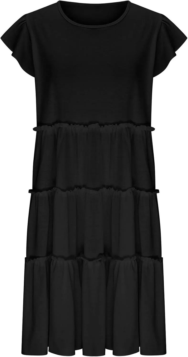 Women's Casual Dress Short Sleeve Crewneck Loose Flowy Tiered Beach Dress Summer Ruffle Sleeve Swing Mini Dresses