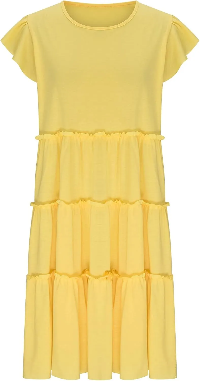 Women's Casual Dress Short Sleeve Crewneck Loose Flowy Tiered Beach Dress Summer Ruffle Sleeve Swing Mini Dresses