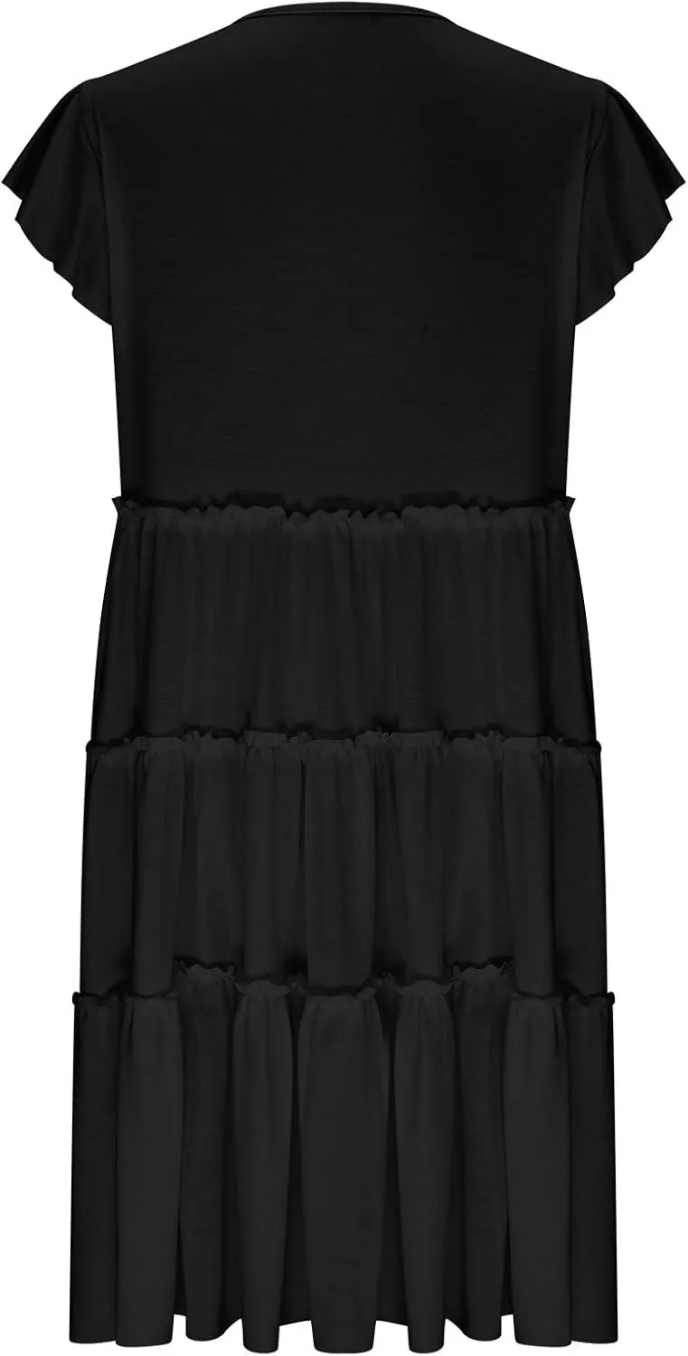Women's Casual Dress Short Sleeve Crewneck Loose Flowy Tiered Beach Dress Summer Ruffle Sleeve Swing Mini Dresses