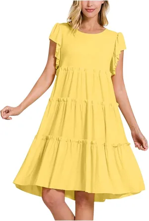 Women's Casual Dress Short Sleeve Crewneck Loose Flowy Tiered Beach Dress Summer Ruffle Sleeve Swing Mini Dresses