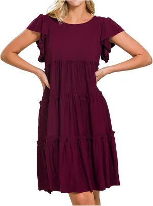 Women's Casual Dress Short Sleeve Crewneck Loose Flowy Tiered Beach Dress Summer Ruffle Sleeve Swing Mini Dresses