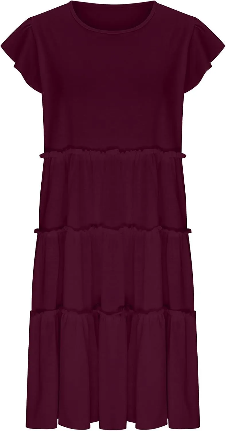 Women's Casual Dress Short Sleeve Crewneck Loose Flowy Tiered Beach Dress Summer Ruffle Sleeve Swing Mini Dresses