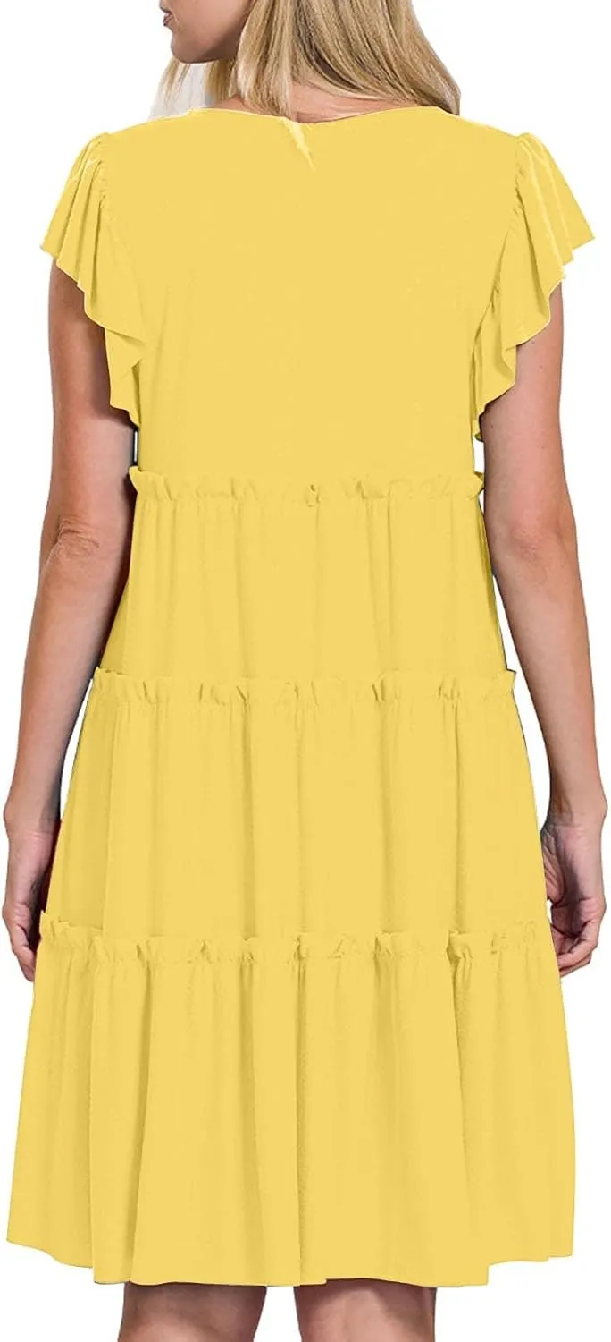 Women's Casual Dress Short Sleeve Crewneck Loose Flowy Tiered Beach Dress Summer Ruffle Sleeve Swing Mini Dresses