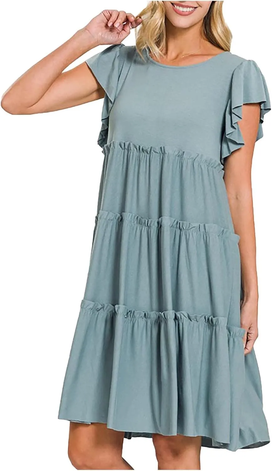 Women's Casual Dress Short Sleeve Crewneck Loose Flowy Tiered Beach Dress Summer Ruffle Sleeve Swing Mini Dresses