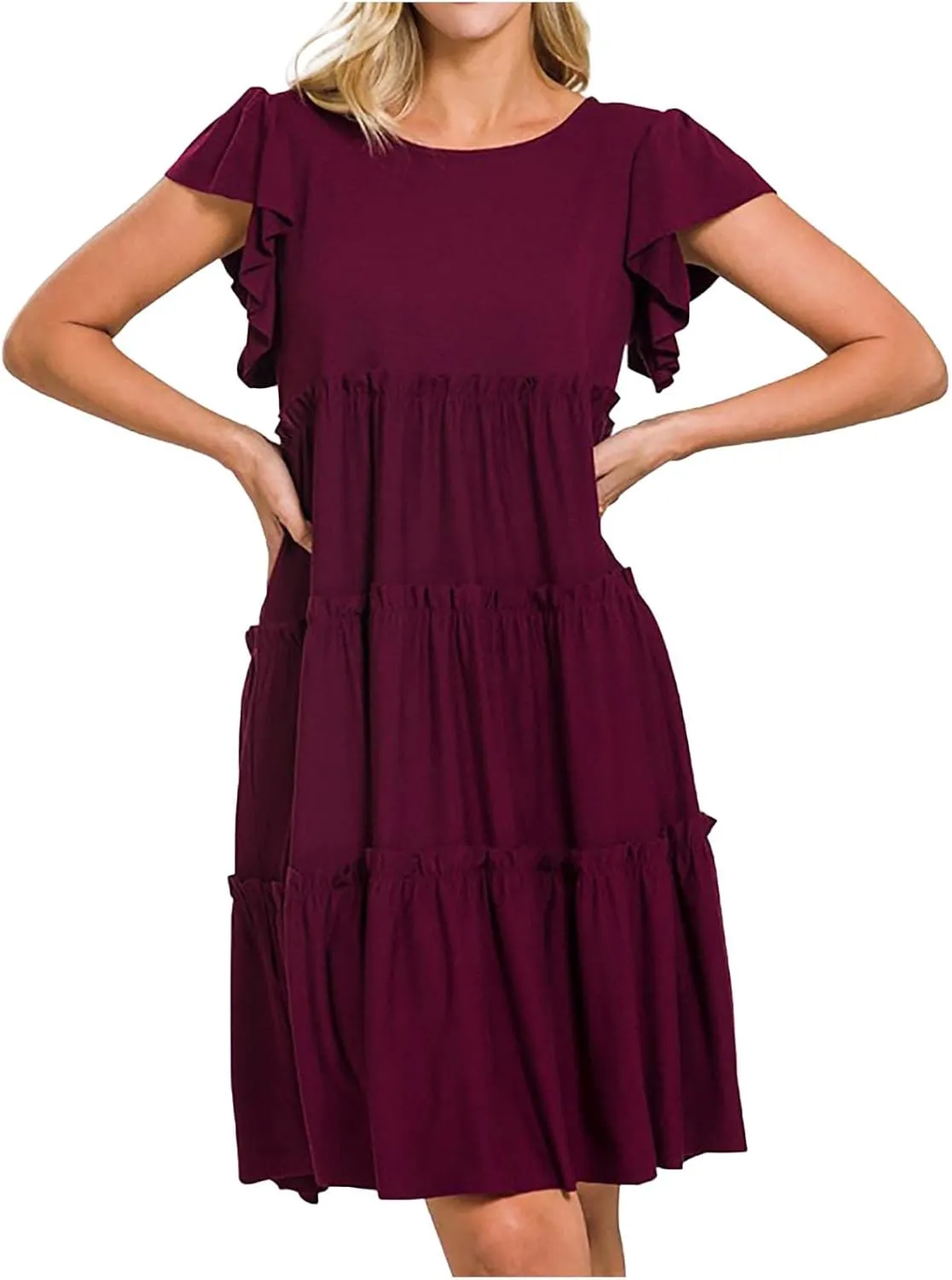 Women's Casual Dress Short Sleeve Crewneck Loose Flowy Tiered Beach Dress Summer Ruffle Sleeve Swing Mini Dresses
