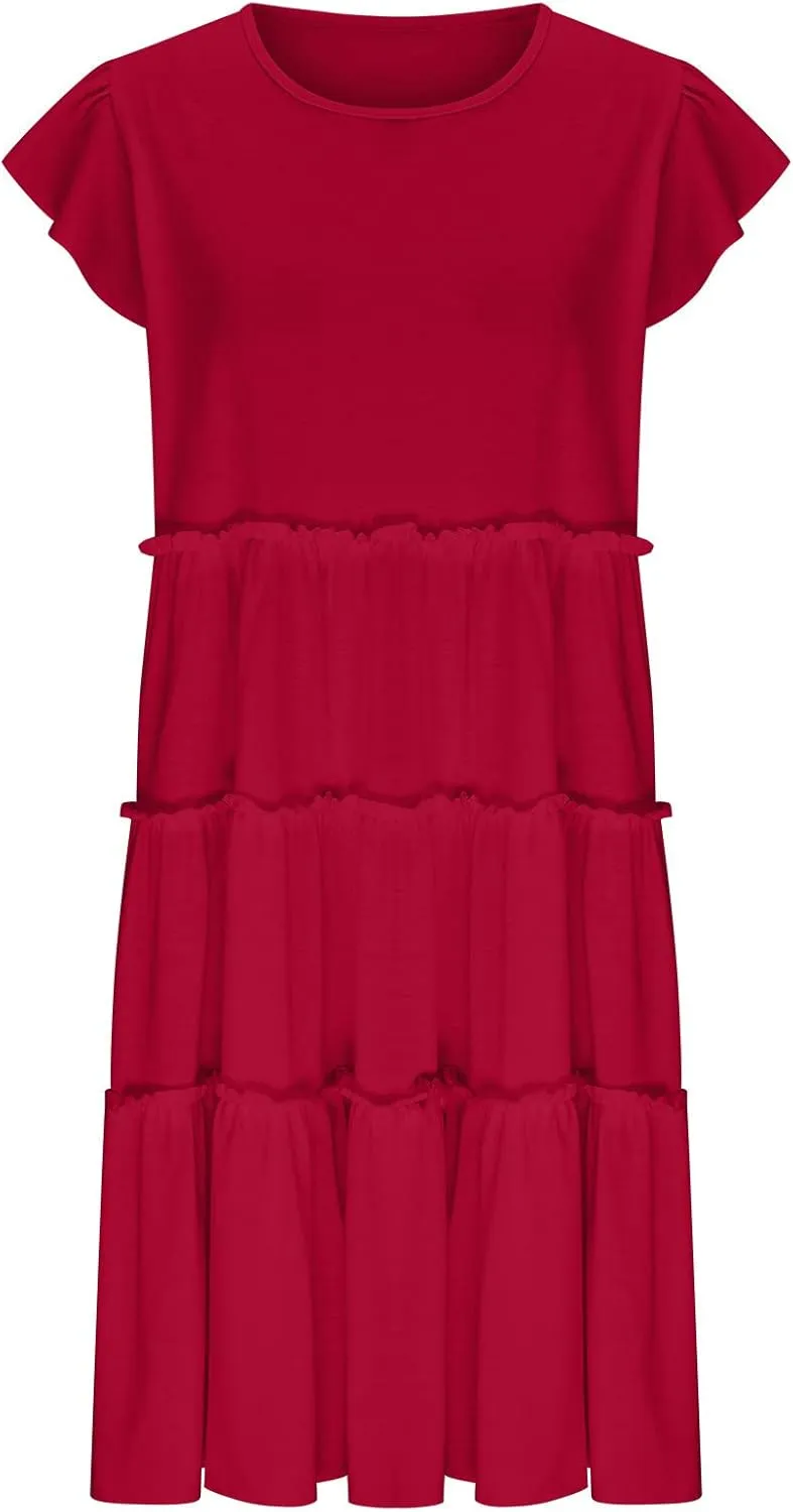 Women's Casual Dress Short Sleeve Crewneck Loose Flowy Tiered Beach Dress Summer Ruffle Sleeve Swing Mini Dresses