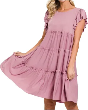 Women's Casual Dress Short Sleeve Crewneck Loose Flowy Tiered Beach Dress Summer Ruffle Sleeve Swing Mini Dresses