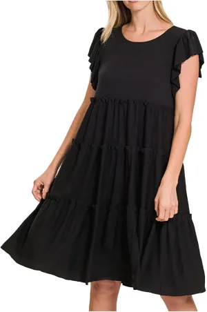 Women's Casual Dress Short Sleeve Crewneck Loose Flowy Tiered Beach Dress Summer Ruffle Sleeve Swing Mini Dresses
