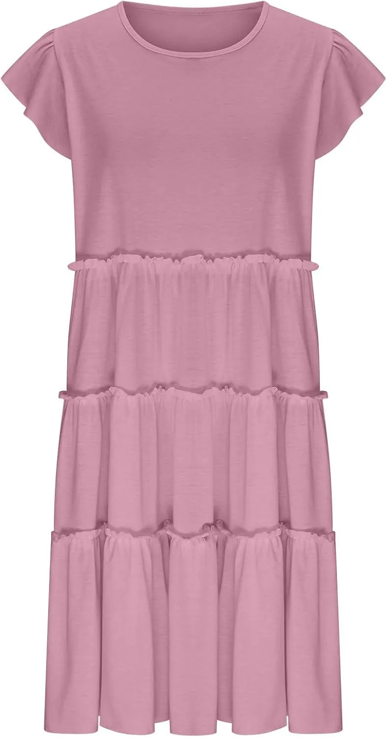 Women's Casual Dress Short Sleeve Crewneck Loose Flowy Tiered Beach Dress Summer Ruffle Sleeve Swing Mini Dresses