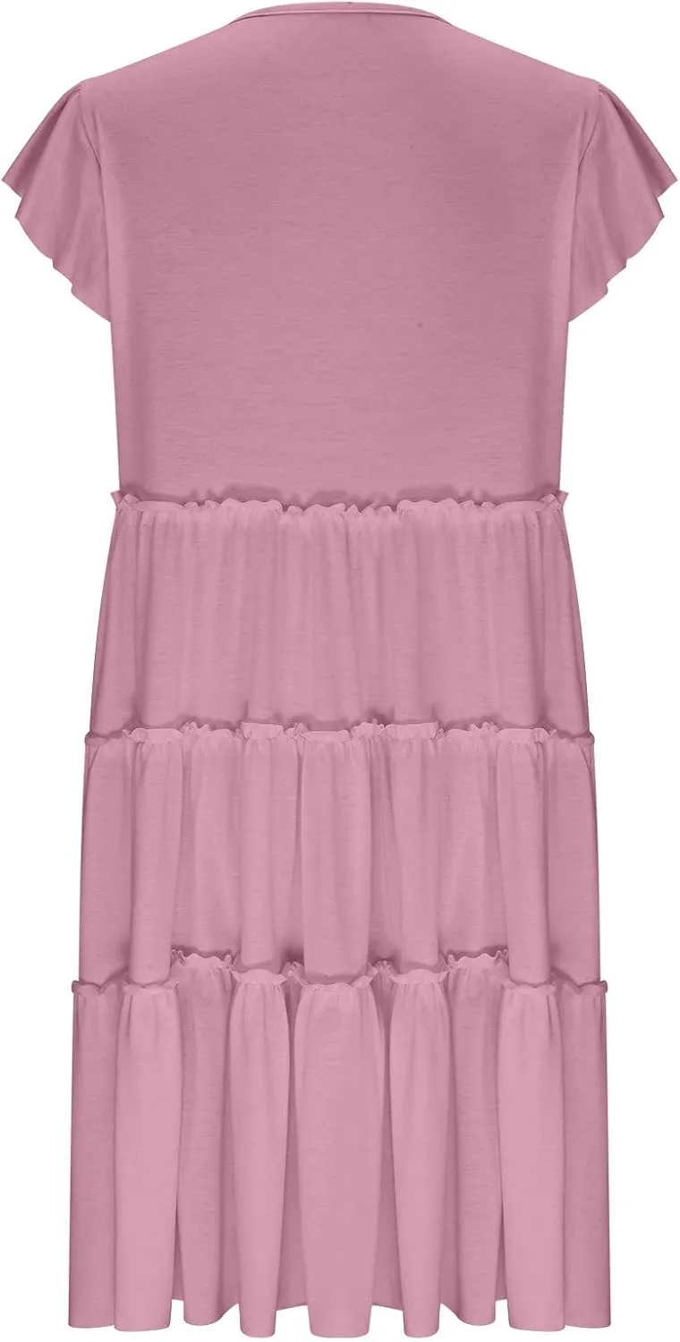 Women's Casual Dress Short Sleeve Crewneck Loose Flowy Tiered Beach Dress Summer Ruffle Sleeve Swing Mini Dresses