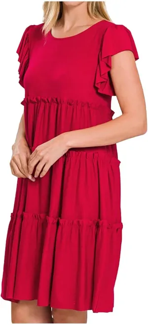 Women's Casual Dress Short Sleeve Crewneck Loose Flowy Tiered Beach Dress Summer Ruffle Sleeve Swing Mini Dresses