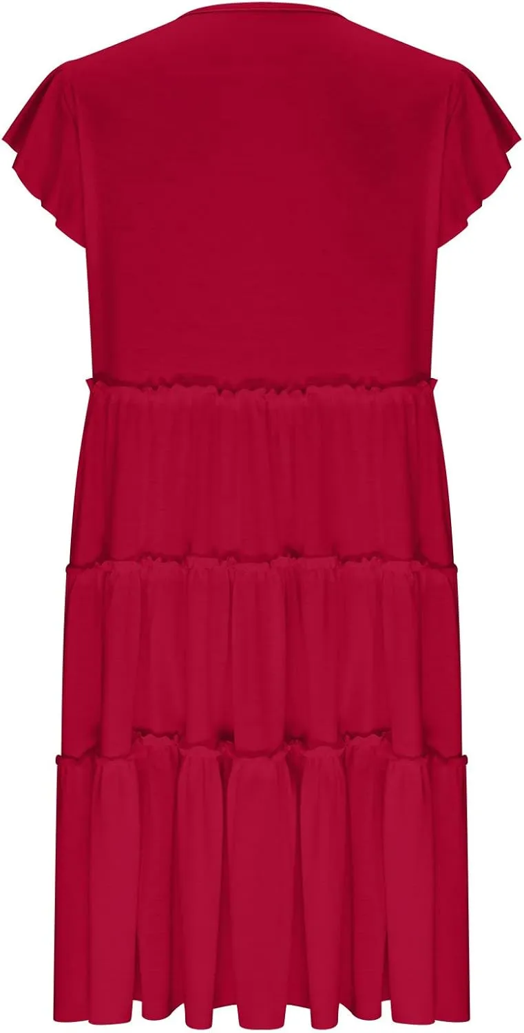 Women's Casual Dress Short Sleeve Crewneck Loose Flowy Tiered Beach Dress Summer Ruffle Sleeve Swing Mini Dresses