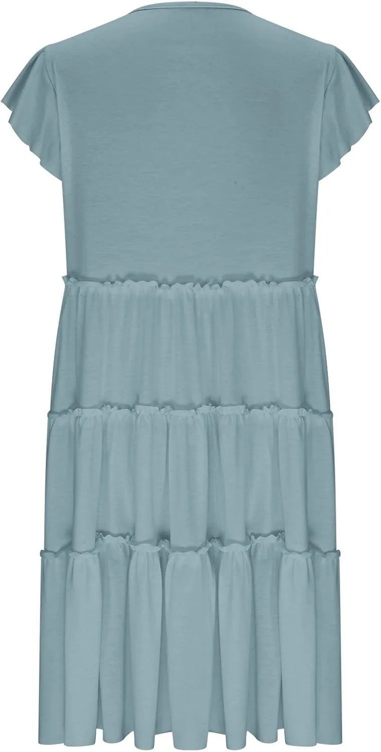 Women's Casual Dress Short Sleeve Crewneck Loose Flowy Tiered Beach Dress Summer Ruffle Sleeve Swing Mini Dresses