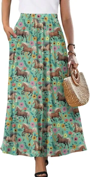 Women's Casual Flowy Maxi Skirt Long Skirts Fashion Loose Flowy Swing Pleated Ankle Length Skirt with Pockets