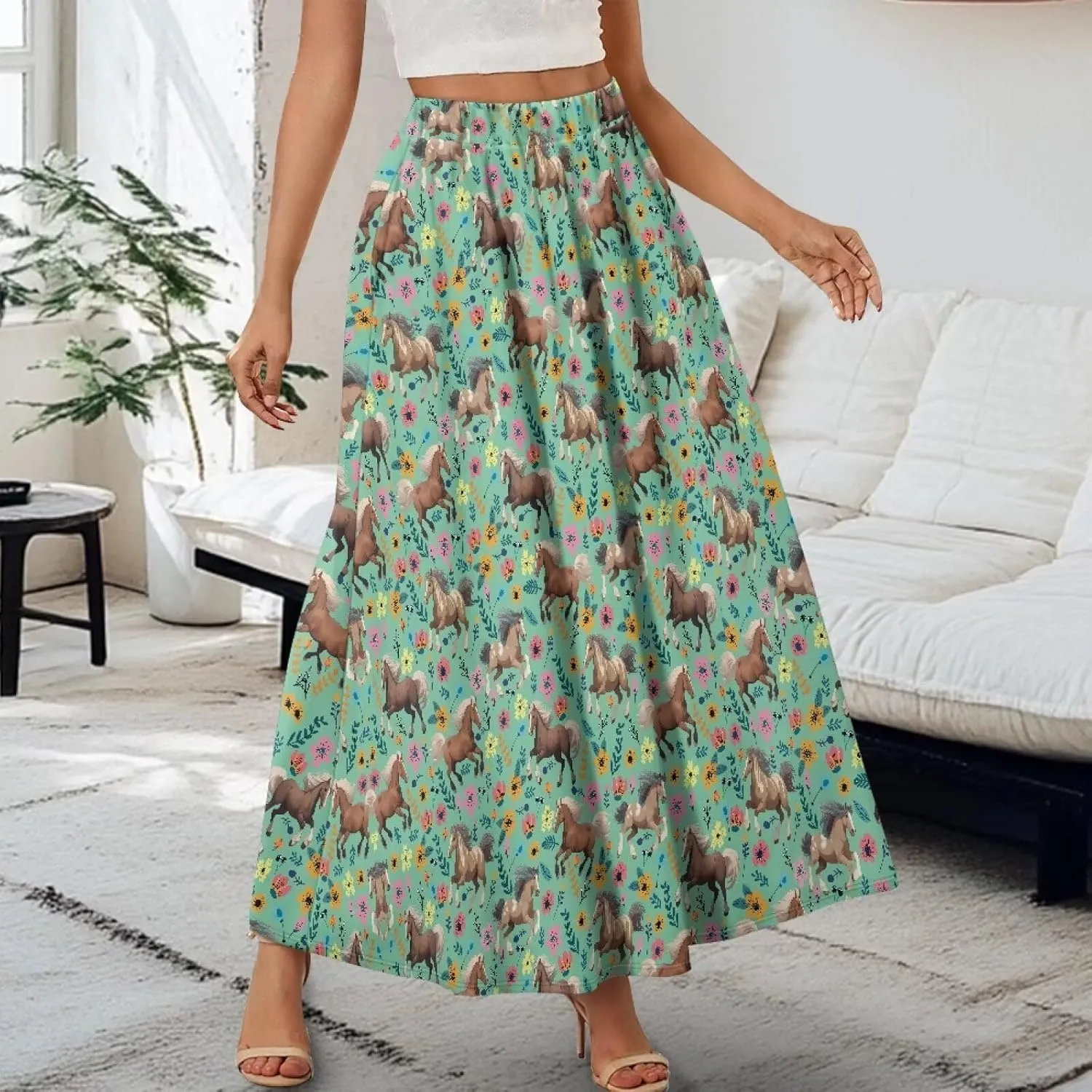 Women's Casual Flowy Maxi Skirt Long Skirts Fashion Loose Flowy Swing Pleated Ankle Length Skirt with Pockets