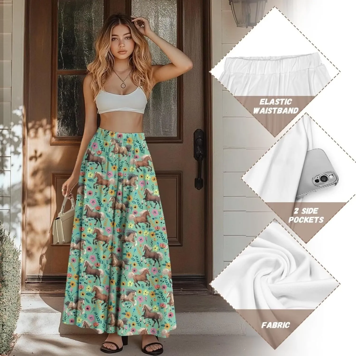 Women's Casual Flowy Maxi Skirt Long Skirts Fashion Loose Flowy Swing Pleated Ankle Length Skirt with Pockets
