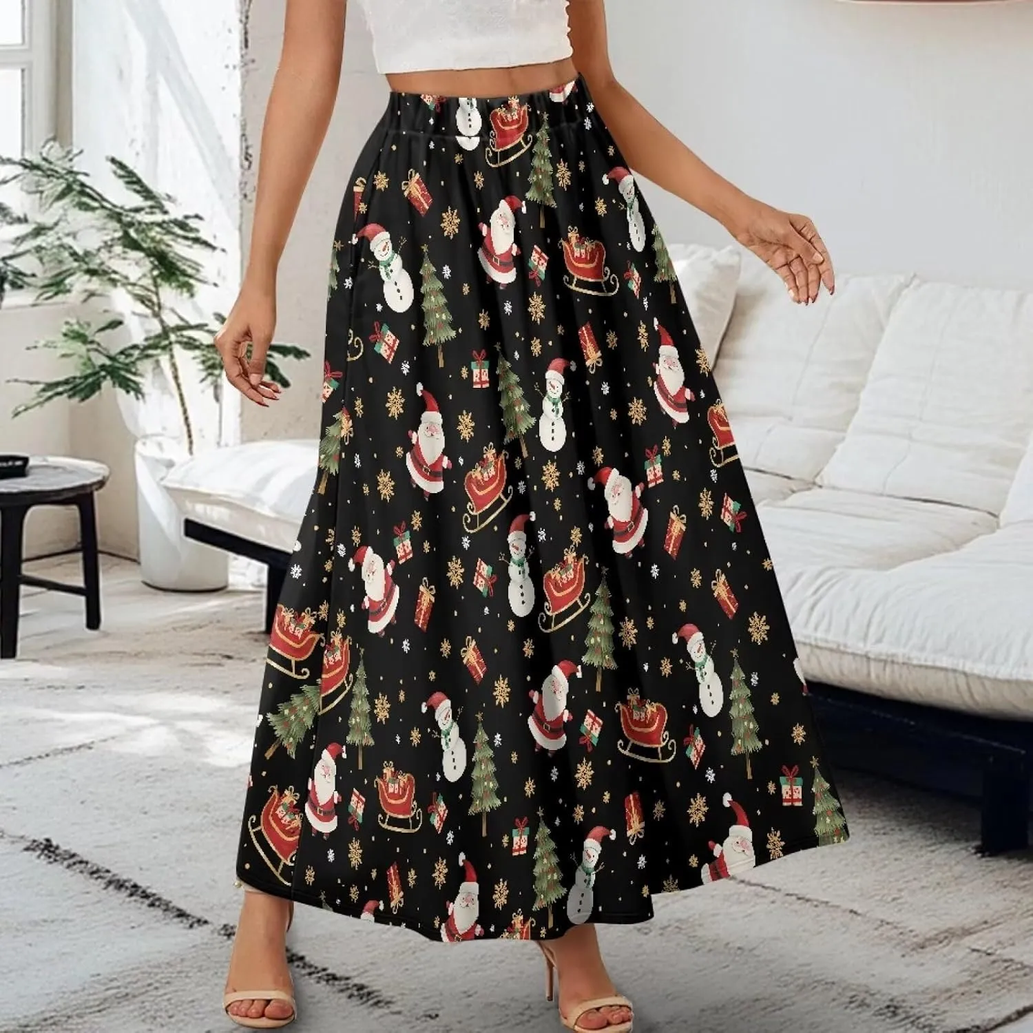 Women's Casual Flowy Maxi Skirt Long Skirts Fashion Loose Flowy Swing Pleated Ankle Length Skirt with Pockets