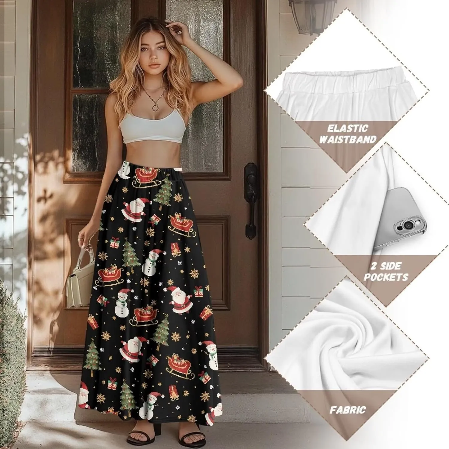 Women's Casual Flowy Maxi Skirt Long Skirts Fashion Loose Flowy Swing Pleated Ankle Length Skirt with Pockets
