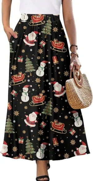 Women's Casual Flowy Maxi Skirt Long Skirts Fashion Loose Flowy Swing Pleated Ankle Length Skirt with Pockets