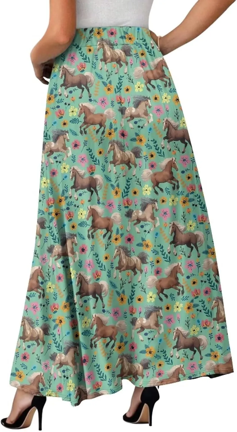 Women's Casual Flowy Maxi Skirt Long Skirts Fashion Loose Flowy Swing Pleated Ankle Length Skirt with Pockets