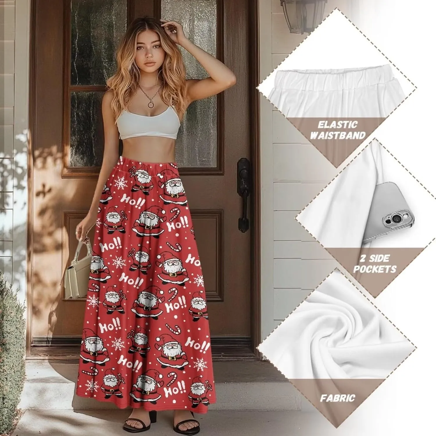 Women's Casual Flowy Maxi Skirt Long Skirts Fashion Loose Flowy Swing Pleated Ankle Length Skirt with Pockets
