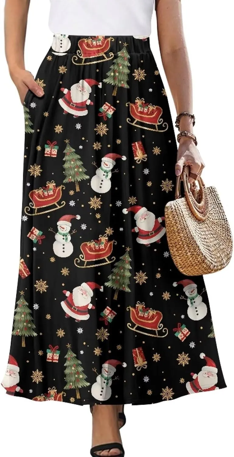 Women's Casual Flowy Maxi Skirt Long Skirts Fashion Loose Flowy Swing Pleated Ankle Length Skirt with Pockets