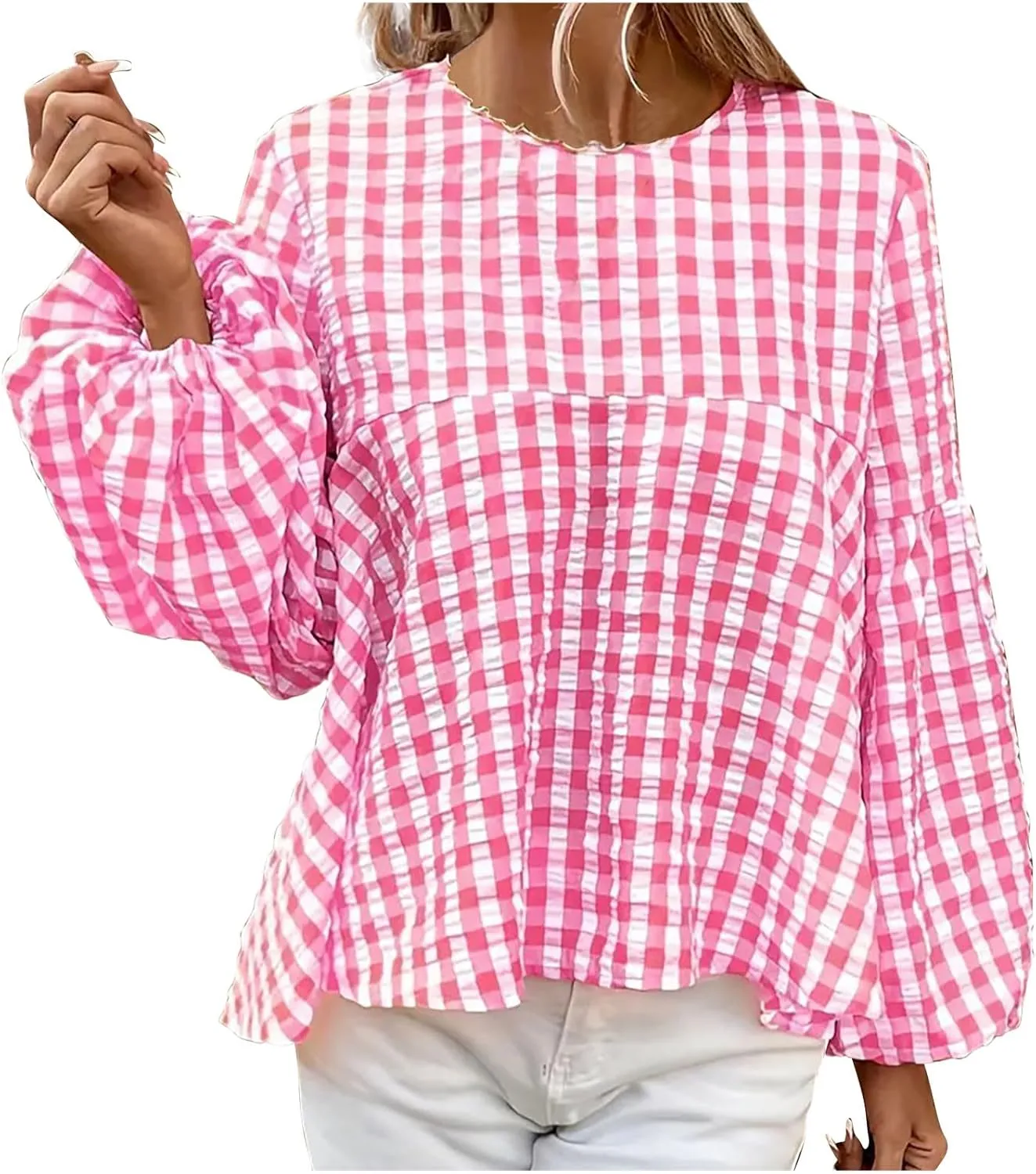 Women's Casual Gingham Print Peplum Blouse Long Lantern Sleeve Round Neck Shirts Trendy Cute Classic Plaid Tops