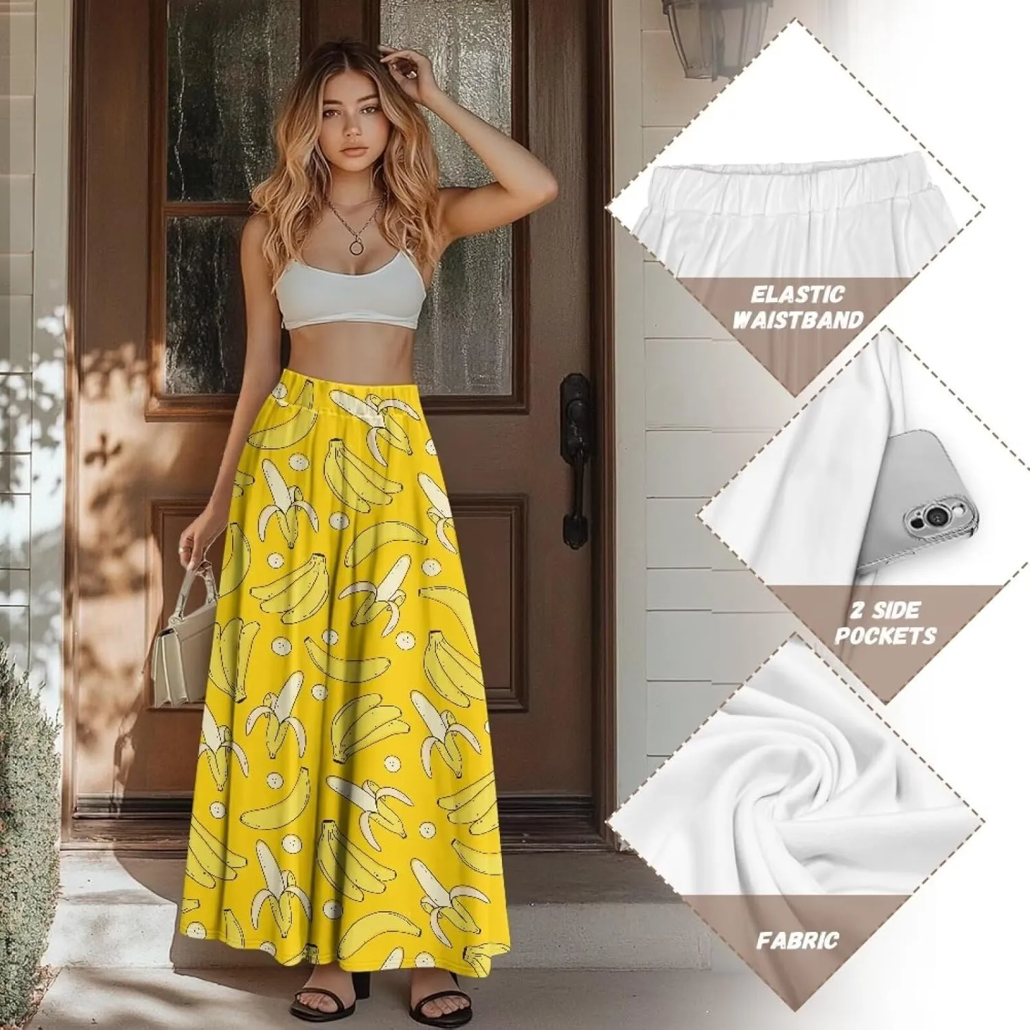 Women's Casual Maxi Skirt Long Skirts with Pockets Fashion Ankle Length Skirt Flowy Breathable Party Dress