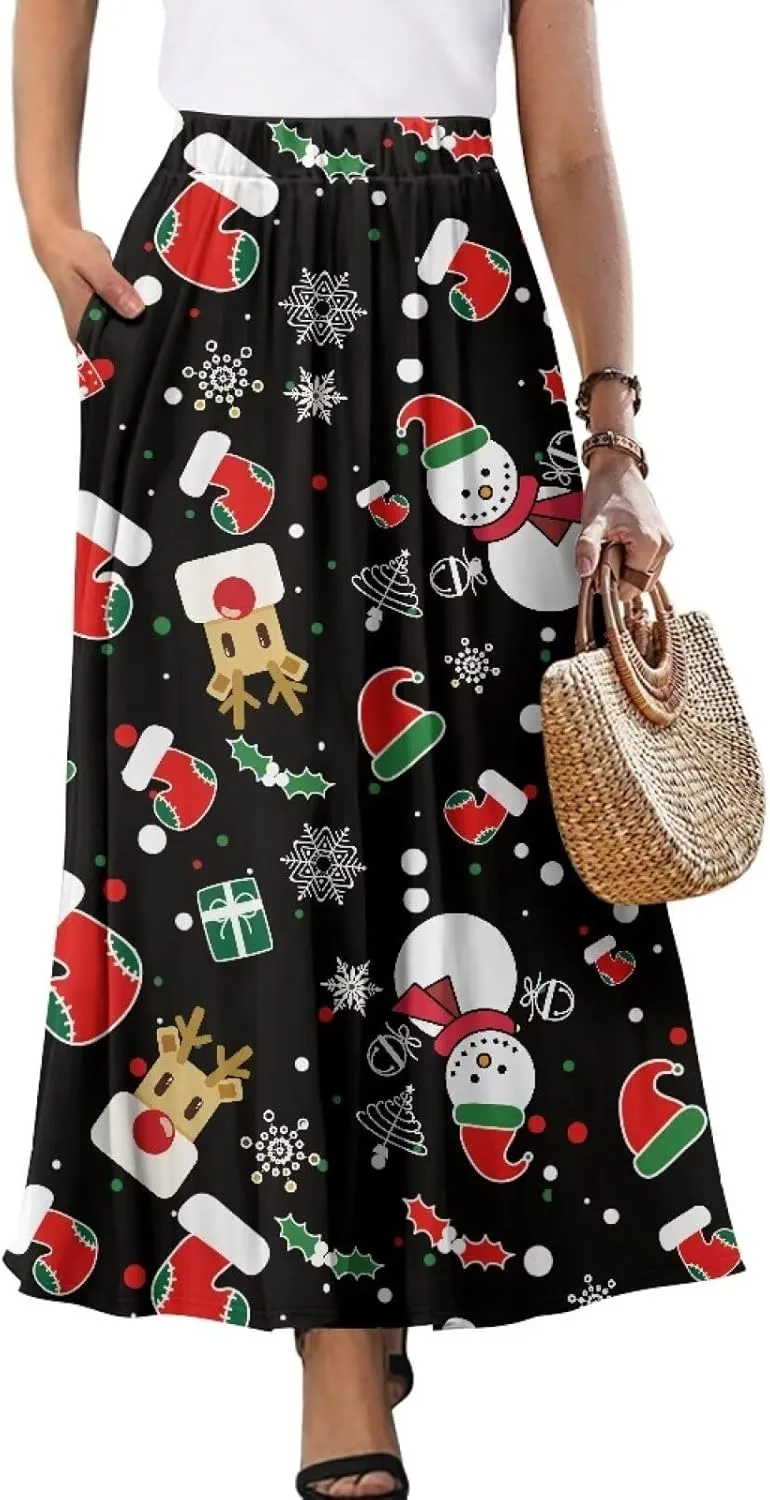 Women's Casual Maxi Skirt with Pockets Lightweight Long Skirts Flowy Swing High Waist Pleated Ankle Length