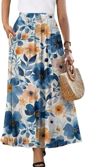 Women's Casual Maxi Skirt with Pockets Lightweight Long Skirts Flowy Swing High Waist Pleated Ankle Length