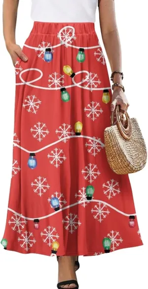 Women's Casual Maxi Skirt with Pockets Lightweight Long Skirts Flowy Swing High Waist Pleated Ankle Length